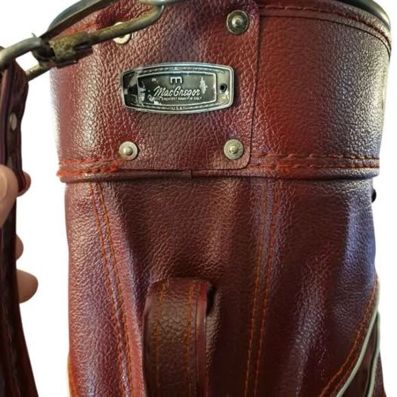 Vintage MacGregor Deep Wine Red Leather Golf Cart Bag w/ Carry Strap & Rain Hood - Picture 6 of 10